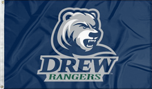 Load image into Gallery viewer, Blue 3x5 foot wide Drew University flag with Drew Rangers logo and two metal grommets
