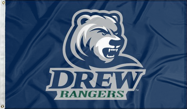 Blue 3x5 foot wide Drew University flag with Drew Rangers logo and two metal grommets