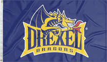 Load image into Gallery viewer, Blue 3x5 foot wide Drexel University Dragons Flag with Drexel dragons logo and two metal grommets
