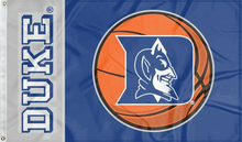 Load image into Gallery viewer, Two Panel Blue and Gray Duke University 3x5 foot wide Flag with Duke Basketball Logo and two metal grommets
