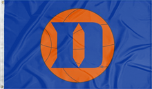 Load image into Gallery viewer, Blue Duke University 3x5 Flag with D Logo and Basketball Logo and two metal grommets
