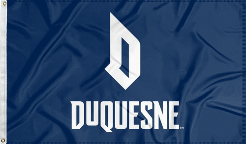 Blue 3x5 foot wide Duquesne University Flag with D Duquesne logo and two metal grommets