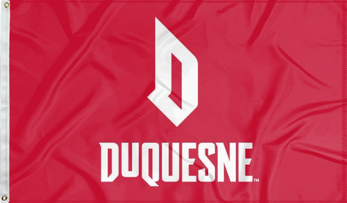 Red 3x5 foot wide Duquesne University Flag with white D Duquesne logo and two metal grommets