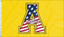 Load image into Gallery viewer, Gold 3x5 foot wide Appalachian state University flag with American flag style A Mountaineers Logo and two metal grommets
