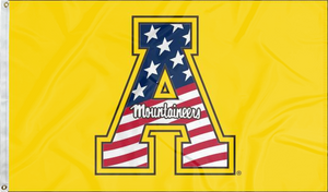 Gold 3x5 foot wide Appalachian state University flag with American flag style A Mountaineers Logo and two metal grommets