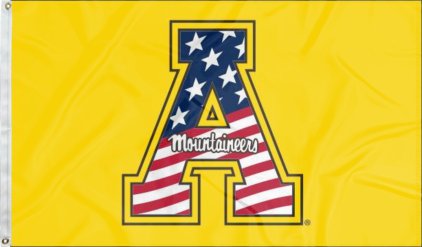 Gold 3x5 foot wide Appalachian state University flag with American flag style A Mountaineers Logo and two metal grommets