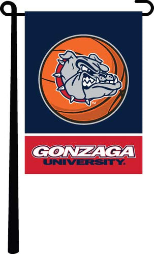 Blue white and red 13x18 Gonzaga University Garden Flag hanging on black garden flag stand