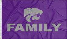 Load image into Gallery viewer, Purple 3x5 foot wide Kansas State University flag with grey Family logo and two metal grommets
