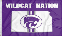 Load image into Gallery viewer, Purple 3x5 foot wide Kansas State University flag with Wildcat Nation logo and two metal grommets
