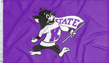 Load image into Gallery viewer, Purple 3x5 foot wide Kansas State University Flag with Willie the Wildcat mascot logo and two metal grommets
