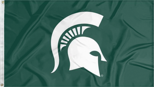 Green Michigan State University Applique Flag with Spartan helmet logo and two metal grommets for indoor home decor