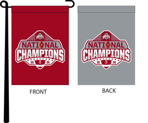 Red and Grey 13 by 18 inch wide double sided Ohio State Football 2024 College Football Playoff National Champions Garden Flag hung on black garden flag stand