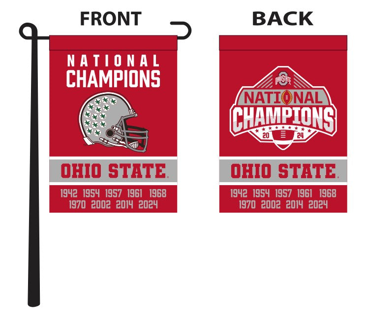 Red 13 by 18 inch wide double sided Ohio State Football Nine Time Champions College Football Playoff Garden Flag hanging on black garden flag stand