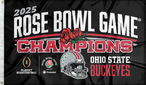 Black 3x5 foot wide Ohio State Football Rose Bowl 2025 Champions Flag with two metal grommets