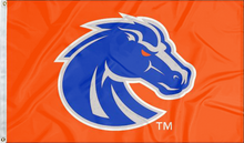 Load image into Gallery viewer, Orange 3x5 foot wide Boise State University Flag with blue and gray Bronco head logo and two metal grommets
