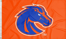 Load image into Gallery viewer, Orange 3x5 foot wide Boise State University Flag with blue and orange Bronco head logo and two metal grommets
