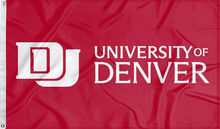 Load image into Gallery viewer, Red 3x5 foot wide University of Denver Flag with school logo and two metal grommets
