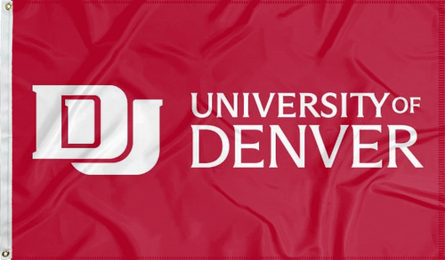 Red 3x5 foot wide University of Denver Flag with school logo and two metal grommets