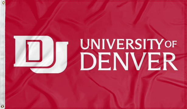 Red 3x5 foot wide University of Denver Flag with school logo and two metal grommets