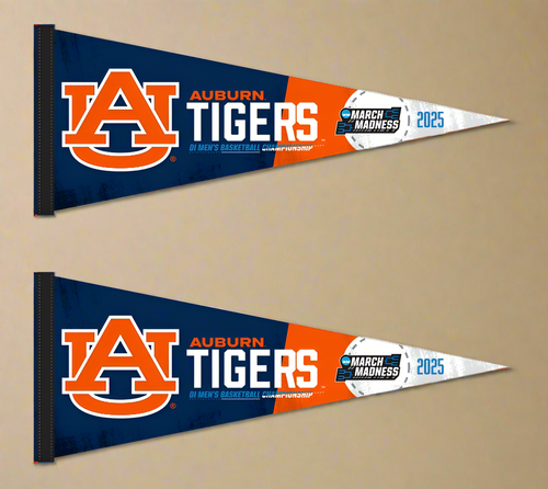 Two blue and orange March Madness 2025 Auburn Basketball Pennants for indoor home décor