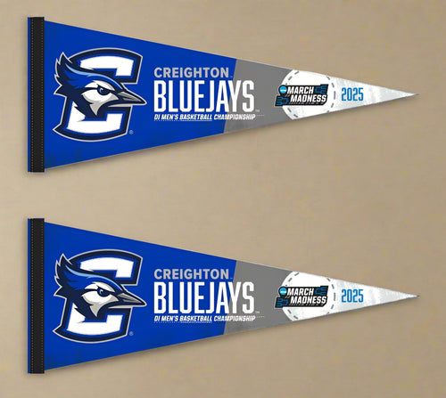 two blue and gray Creighton Basketball March Madness 2025 Pennant for indoor home décor