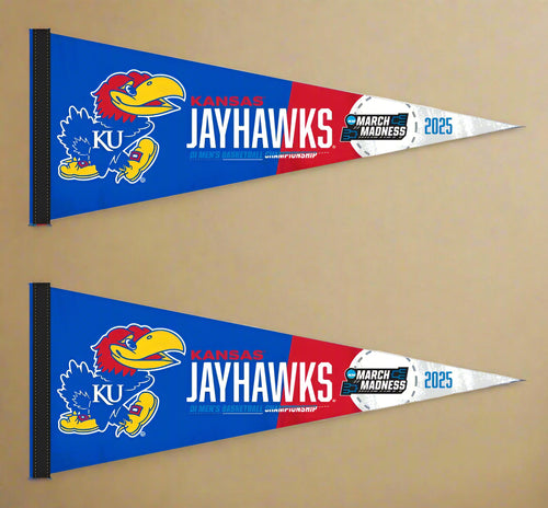 two blue and red Kansas Basketball March Madness 2025 Pennant for indoor home décor