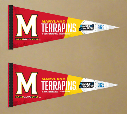 two red and yellow University of Maryland March Madness 2025 Basketball Pennant 2 Pack for indoor home décor