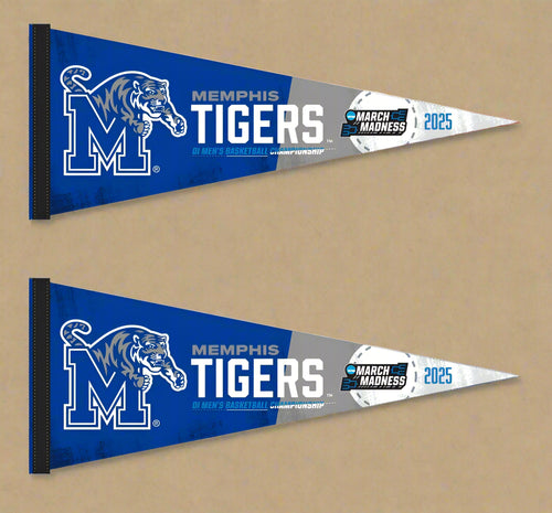 two blue and grey 2025 March Madness 2 Pack Memphis Tigers Basketball Pennants for indoor home décor