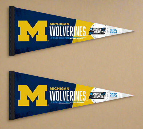 two blue and gold Michigan Wolverines March Madness 2025 Basketball Pennant for indoor home décor