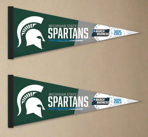 two green and grey March Madness 2025 Michigan State Spartans Basketball Pennants for indoor home décor