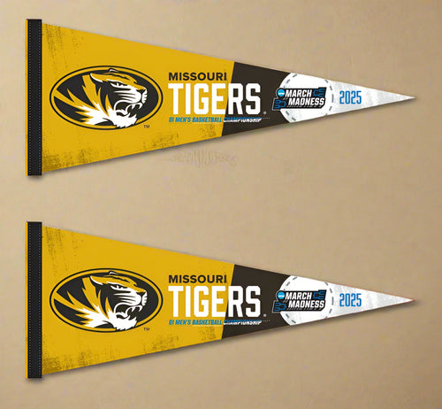 two gold and black Missouri Tigers Basketball 2025 March Madness Pennant for indoor home décor