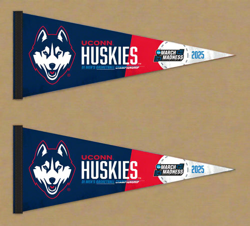 Two blue and red UCONN Men's Basketball March Madness 2025 Pennants for indoor home décor