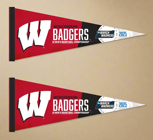 two red and black March Madness 2025 Wisconsin Badgers Basketball 2 Pack Pennants for indoor home décor