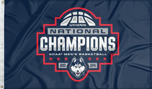 Load image into Gallery viewer, Blue 3x5 foot wide UCONN flag with National Champions 2024 March Madness Logo and two metal grommets
