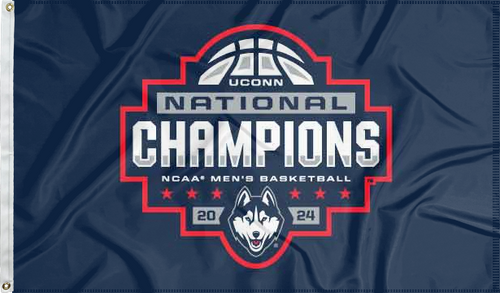 Blue 3x5 foot wide UCONN flag with National Champions 2024 March Madness Logo and two metal grommets