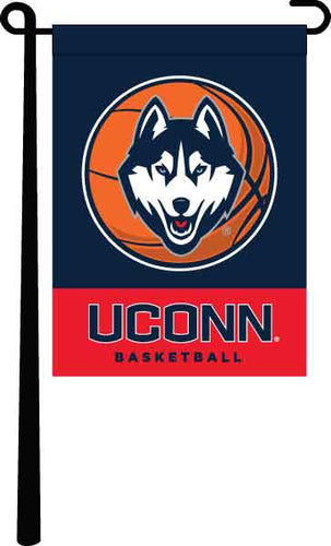 Blue and red 13x18 UCONN Basketball Garden Flag hanging on black garden flag stand