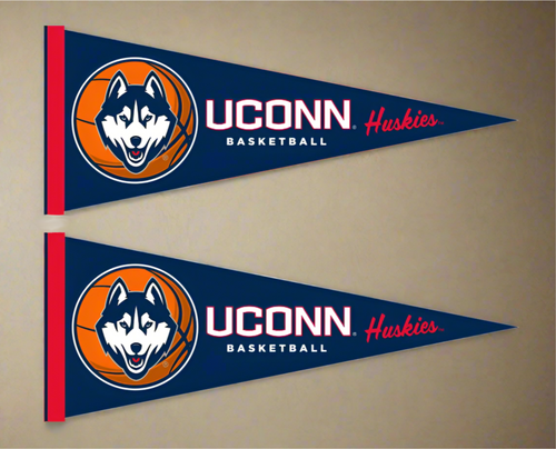 Blue and red 12 by 30 inch wide UCONN Basketball Pennants 2 Pack for indoor home decor