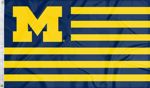 Blue and Gold USA Flag style University of Michigan Flag with seven blue stripes and six gold stripes and two metal grommets