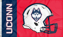 Load image into Gallery viewer, Navy and Red 2 panel 3x5 foot wide University of Connecticut (UCONN) Huskies Football flag with two metal grommets
