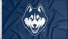 Load image into Gallery viewer, Navy 3x5 foot wide University of Connecticut (UCONN) Huskies flag with husky head logo and two metal grommets
