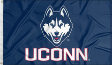 Load image into Gallery viewer, Navy 3x5 foot wide University of Connecticut (UCONN) UCONN Huskie Flag with husky uconn logo and two metal grommets
