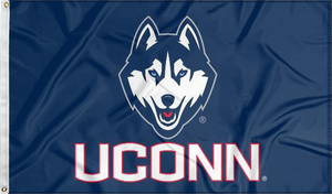 Navy 3x5 foot wide University of Connecticut (UCONN) UCONN Huskie Flag with husky uconn logo and two metal grommets