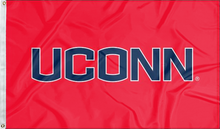 Load image into Gallery viewer, Red 3x5 foot wide University of Connecticut (UCONN) UCONN Red 3x5 Flag with blue UCONN logo and two metal grommets
