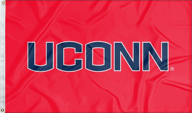 Red 3x5 foot wide University of Connecticut (UCONN) UCONN Red 3x5 Flag with blue UCONN logo and two metal grommets