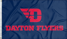 Load image into Gallery viewer, Dark Blue 3x5 foot wide University of Dayton Flyers Blue 3x5 Flag with red D Dayton Flyers logo and two metal grommets
