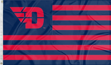 Load image into Gallery viewer, 3x5 foot wide University of Dayton Flyers National flag with seven dark blue stripes and six red stripes and two metal grommets
