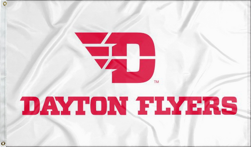 White 3x5 foot wide University of Dayton Flyers Flag with red D Dayton Flyers logo and two metal grommets