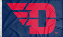 Load image into Gallery viewer, Dark blue 3x5 foot wide University of Dayton Flying D Flag with red D logo and two metal grommets
