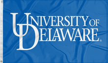 Load image into Gallery viewer, Blue 3x5 foot wide University of Delaware Flag with white University Logo and two metal grommets
