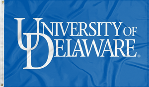 Blue 3x5 foot wide University of Delaware Flag with white University Logo and two metal grommets